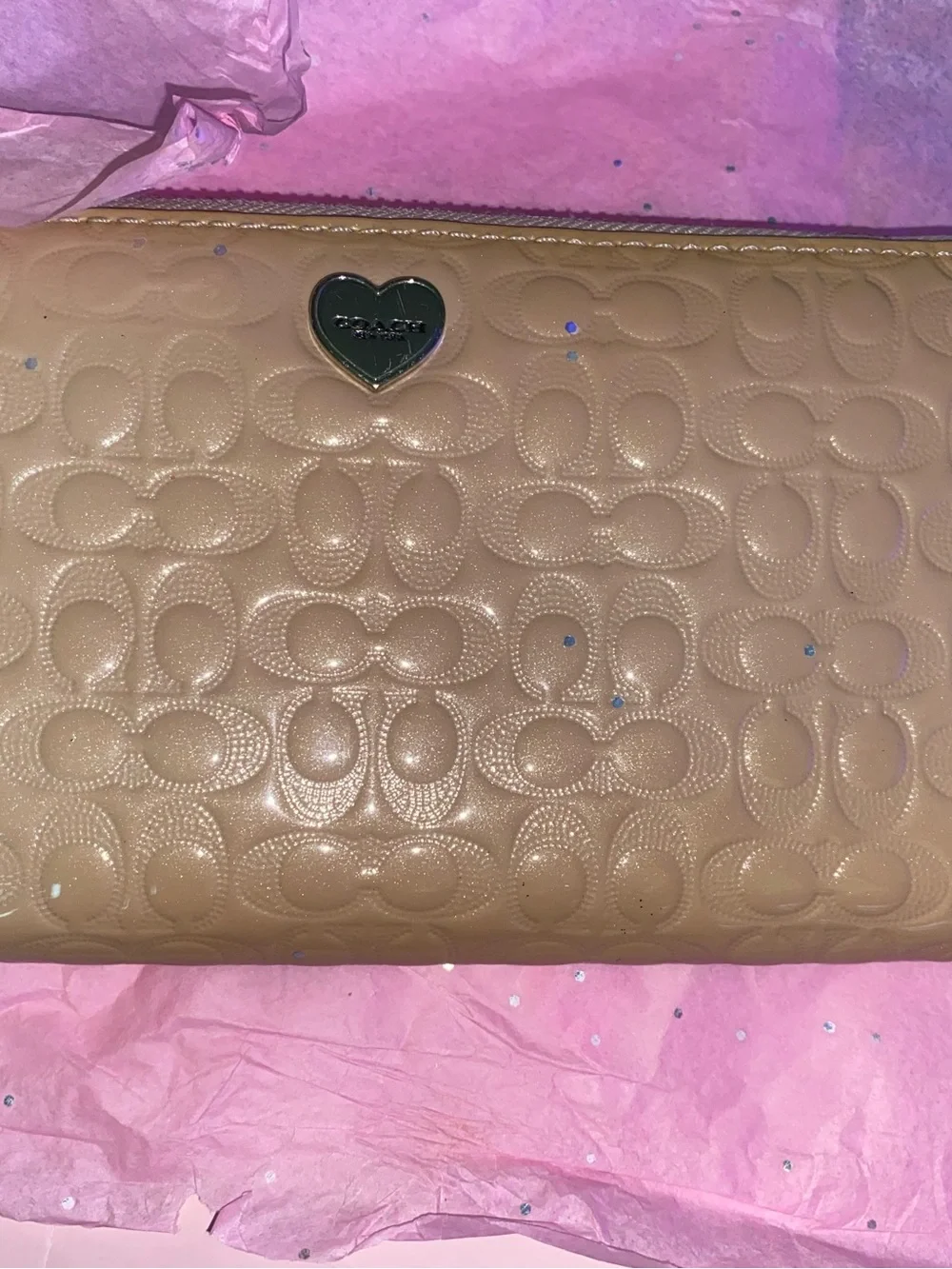 Coach Pebbled Signature Heart Wristlet in Beige